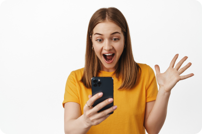 surprised happy women gasp reading smartphone