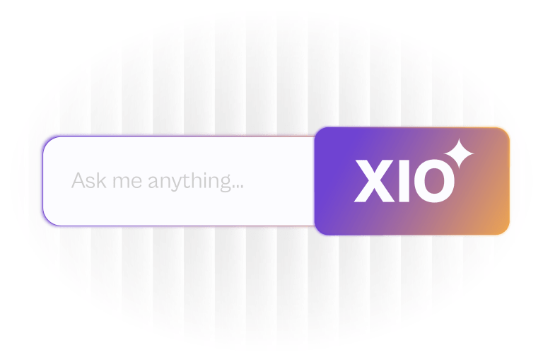 Illustration of Xio AI marketing assistant search interface showing an Ask Me Anything prompt for retail marketing, customer loyalty, and campaign automation.
